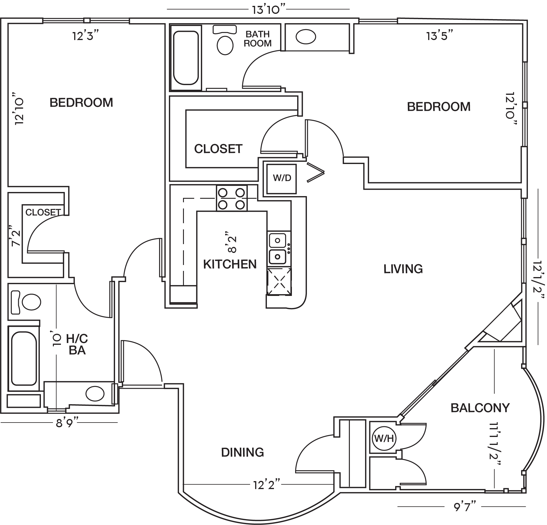 Floor plan for 2 beds, 2 baths, 1164 sqft